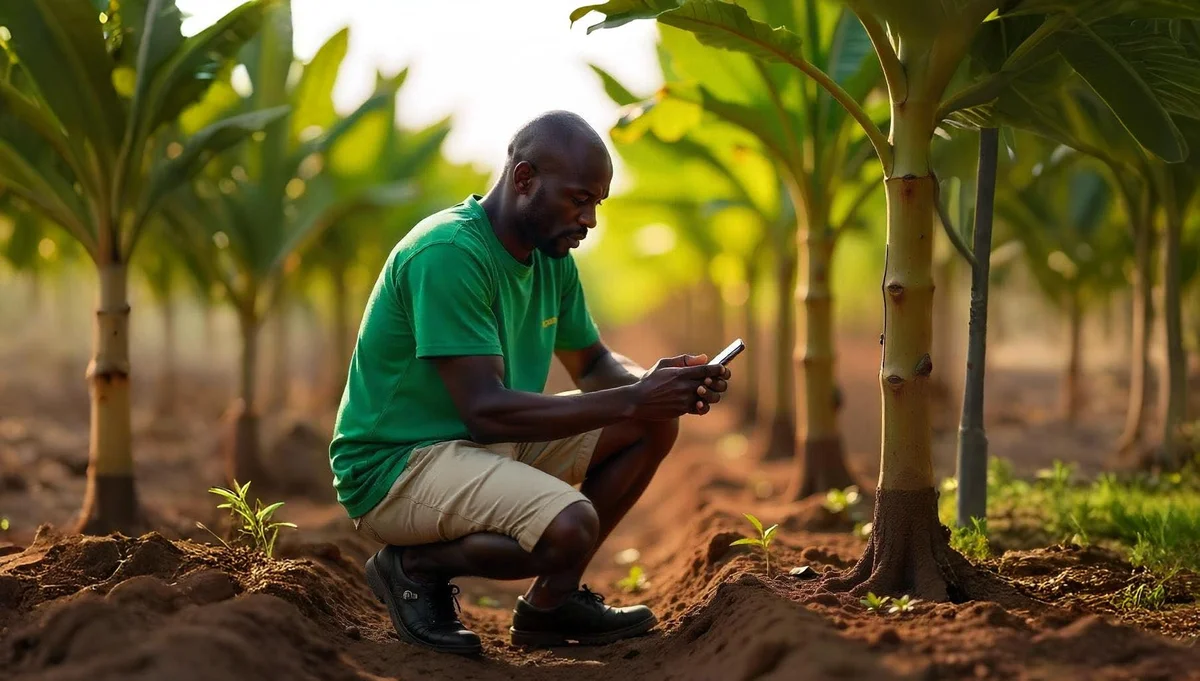 Farmer crouching in a banana grove, checking his phone among young plants