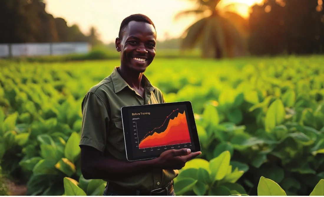 Smiling farmer in a field at sunset holding up a tablet showing a growth chart