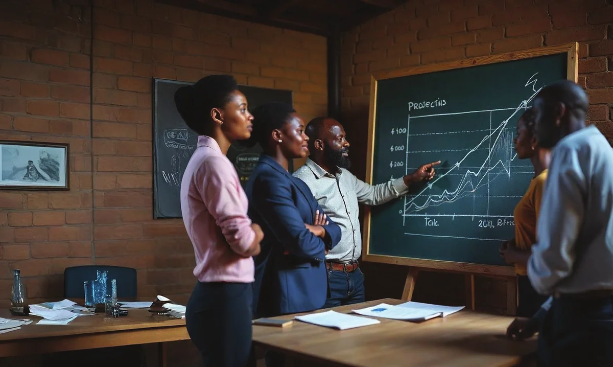 Working group reviewing a growth curve sketched on a chalkboard